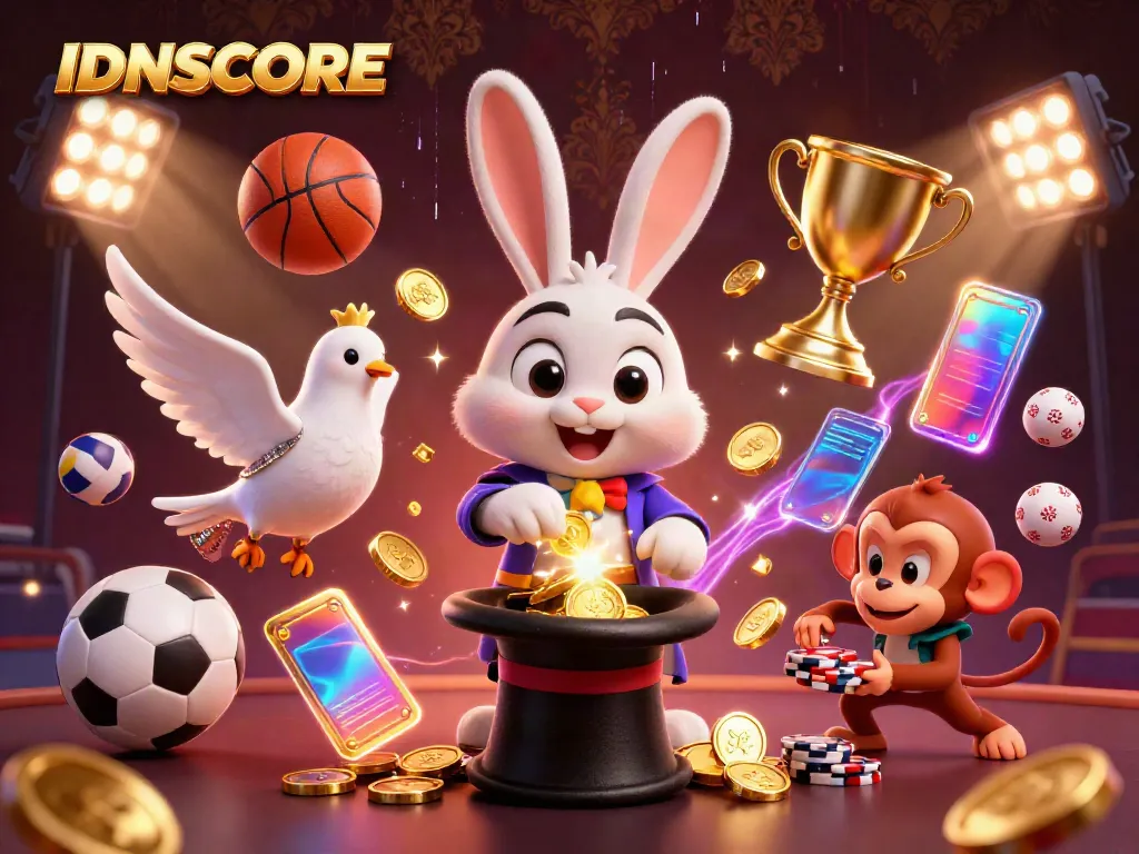 IDNSCORE offers a dynamic sports betting experience with a magician rabbit and friends in a thrilling scene.