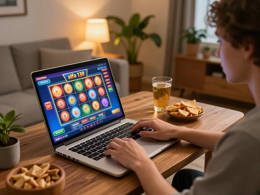 Berkeliling permainan slot online alfa 138 dalam pengaturan rumah yang nyaman, menyoroti perjudian yang bertanggung jawab.