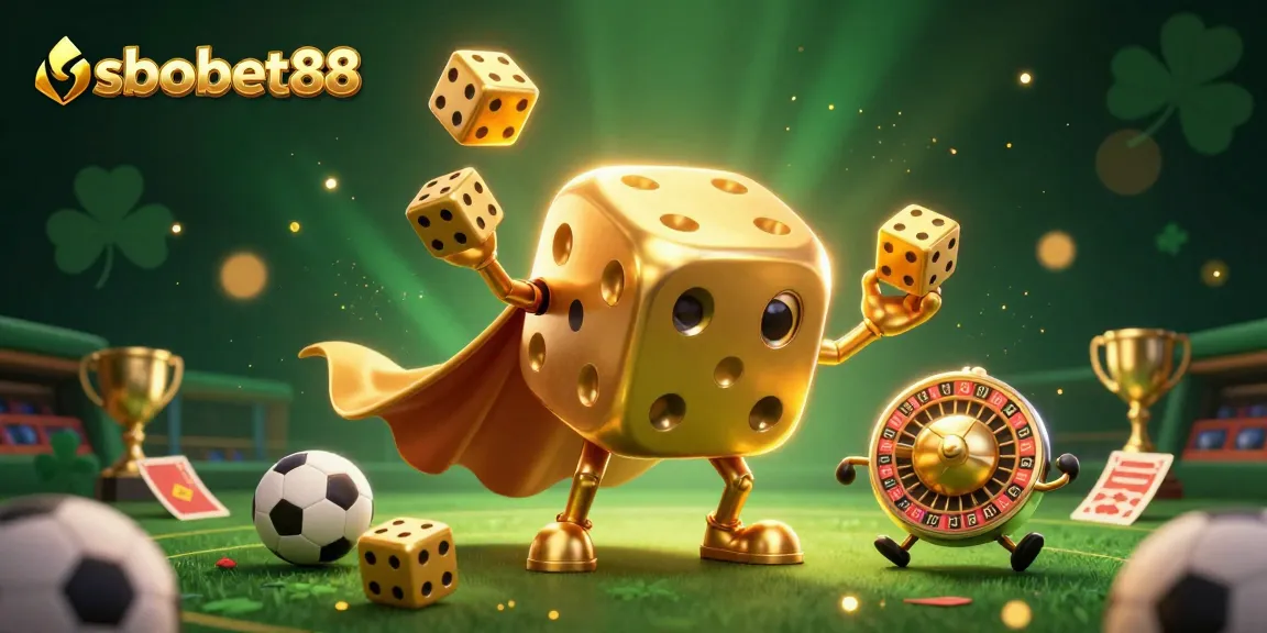 Melakukan taruhan dengan sbobet88 pada karakter 3D dadu emas, dalam suasana olahraga yang penuh energi.
