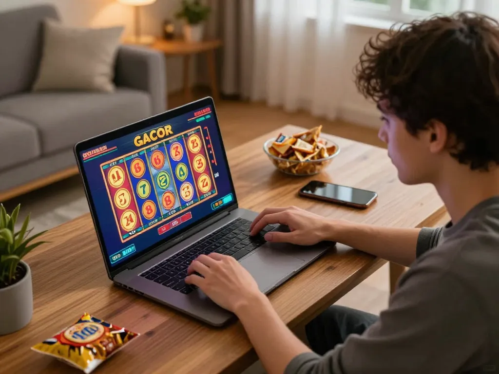 Engaged player enjoying a thrilling toto slot gacor session on a laptop at home.