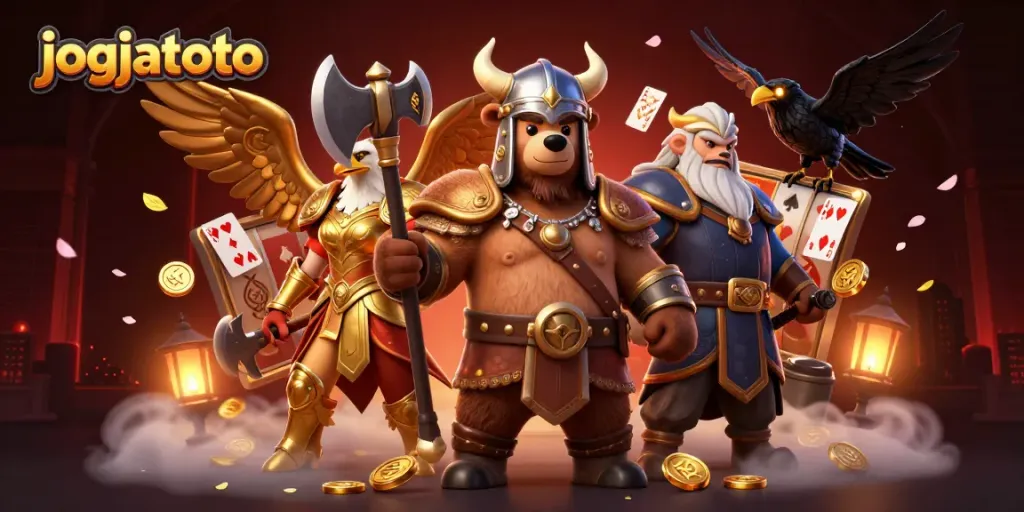 Join the excitement of jogjatoto's gaming scene featuring a vibrant Viking bear and Valkyrie with dynamic gaming elements.