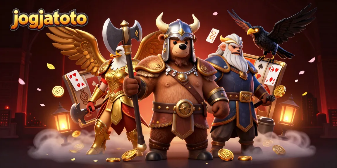 Join the excitement of jogjatoto's gaming scene featuring a vibrant Viking bear and Valkyrie with dynamic gaming elements.