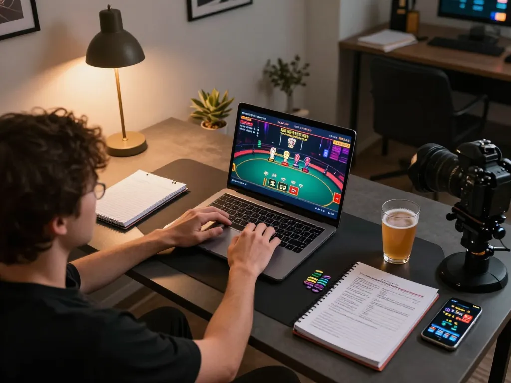 Engage with VA88 casino games on a stylish laptop in a cozy home gaming setup