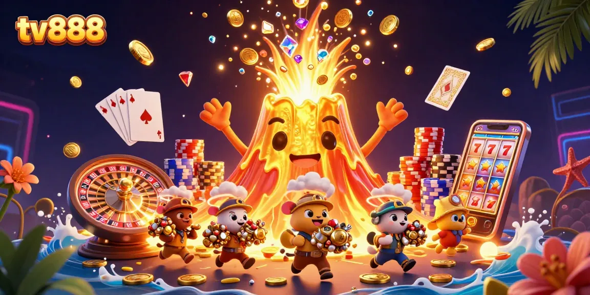 Experience winning moments at tv888 with a triumphant golden volcano showering gems and coins.