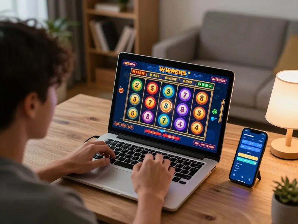 Pemain merayakan kemenangan saat bermain slot gacor gampang menang di laptop di rumah.