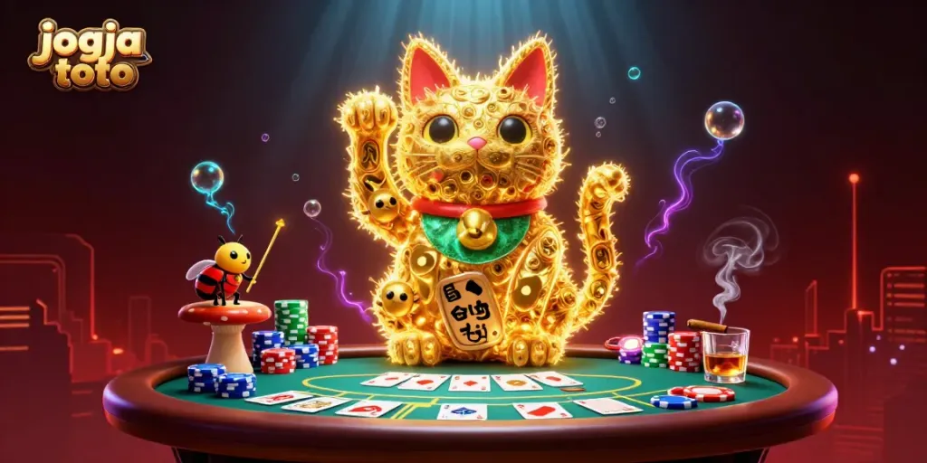 Experience jogja toto with a vibrant lucky cat scene surrounded by casino elements.