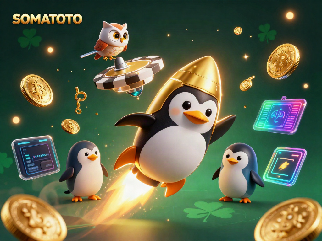 SOMATOTO showcases a golden penguin and poker chip space station in a vibrant gambling-themed scene.