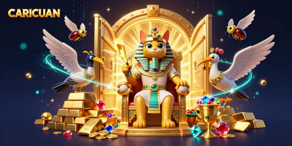 Play and win at CARICUAN with vibrant slot games illustrated amidst golden treasures.