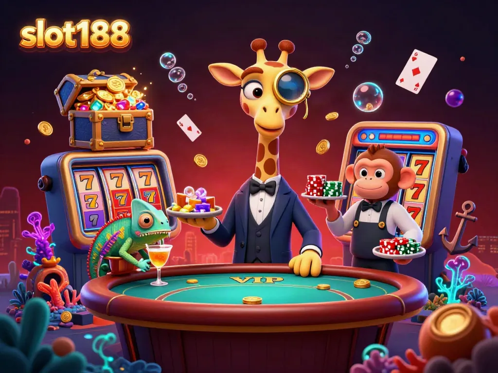 Slot188 menampilkan jerapah pemain tinggi dalam jas, pelayan monyet, dan bartender bunglon di kasino 3D.