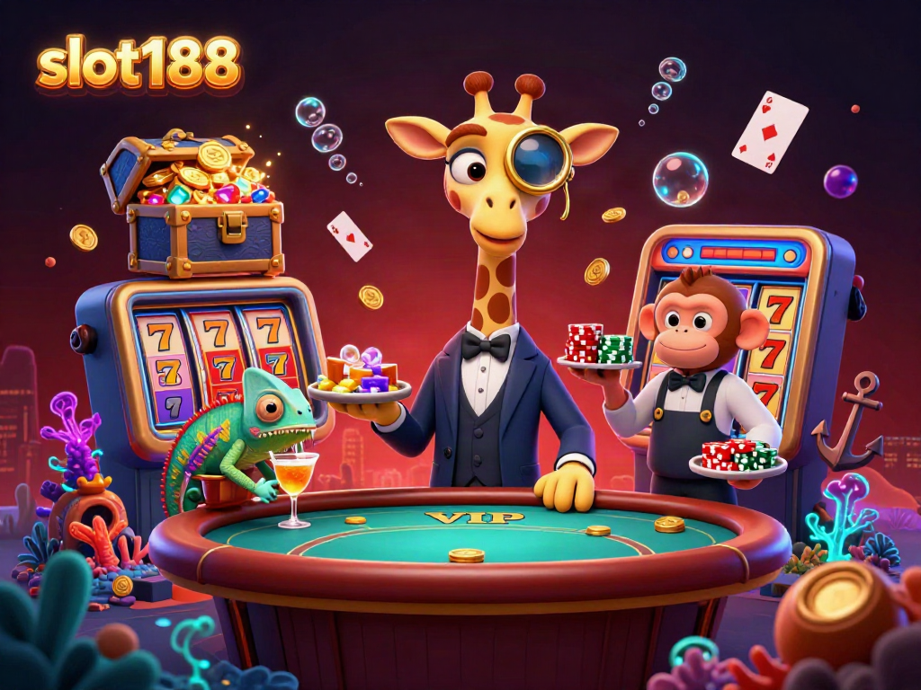 Slot188 menampilkan jerapah pemain tinggi dalam jas, pelayan monyet, dan bartender bunglon di kasino 3D.