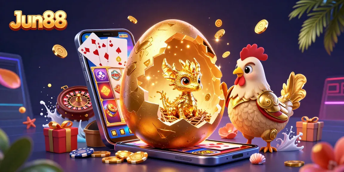 Engage with Jun88's vibrant scene of a golden baby dragon and poker chips amid thrilling casino elements.