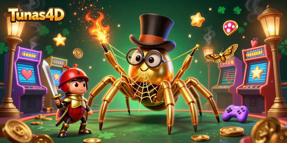 Tunas4D mempersembahkan suasana perjudian yang meriah dengan tarantula emas dan ksatria kecil, dikelilingi mesin game.