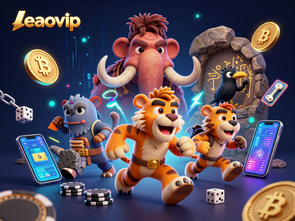 Engage with leaovip's vibrant prehistoric casino, featuring dynamic caveman and sabertooth characters among dazzling crypto elements.