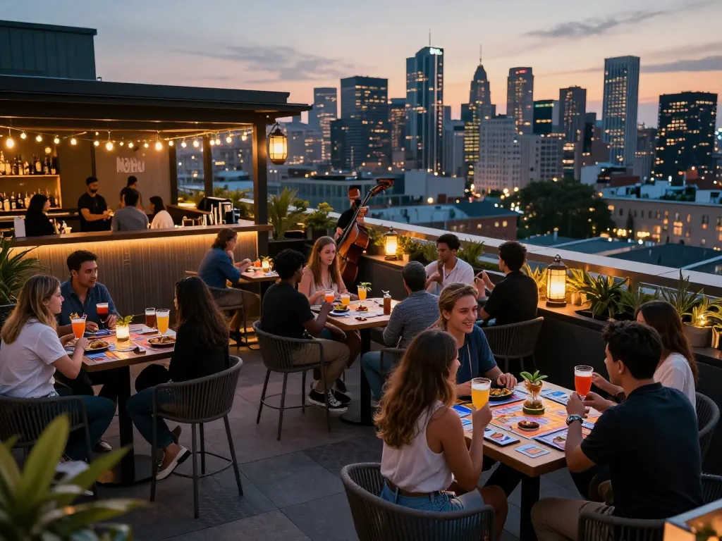 NoHu rooftop bar scene displaying patrons enjoying drinks with stunning skyline views during sunset