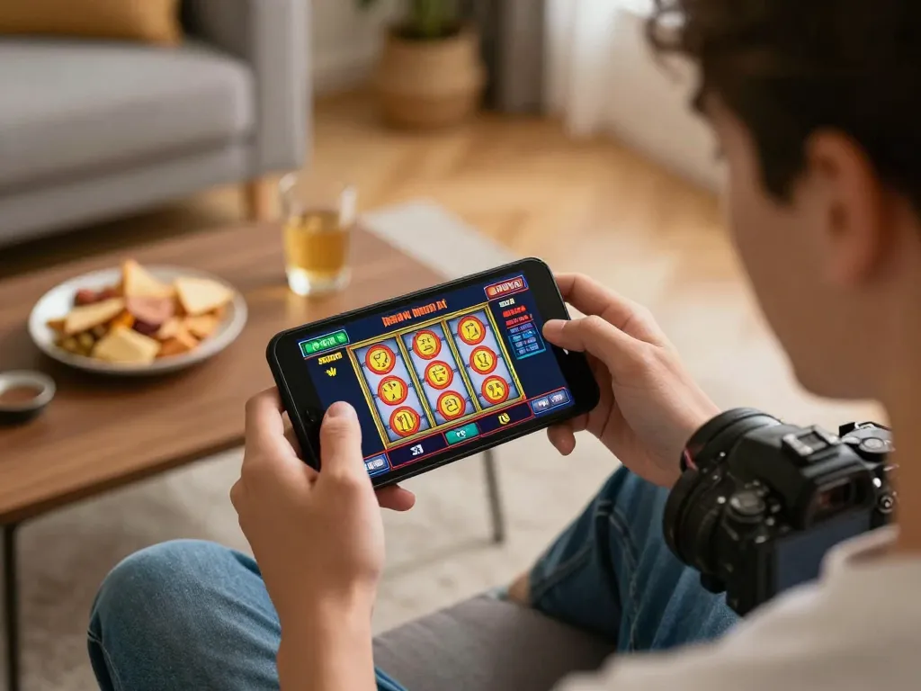 Engaging in online gaming with Bonus garansi kekalahan 100% on a smartphone while enjoying a cozy home atmosphere.