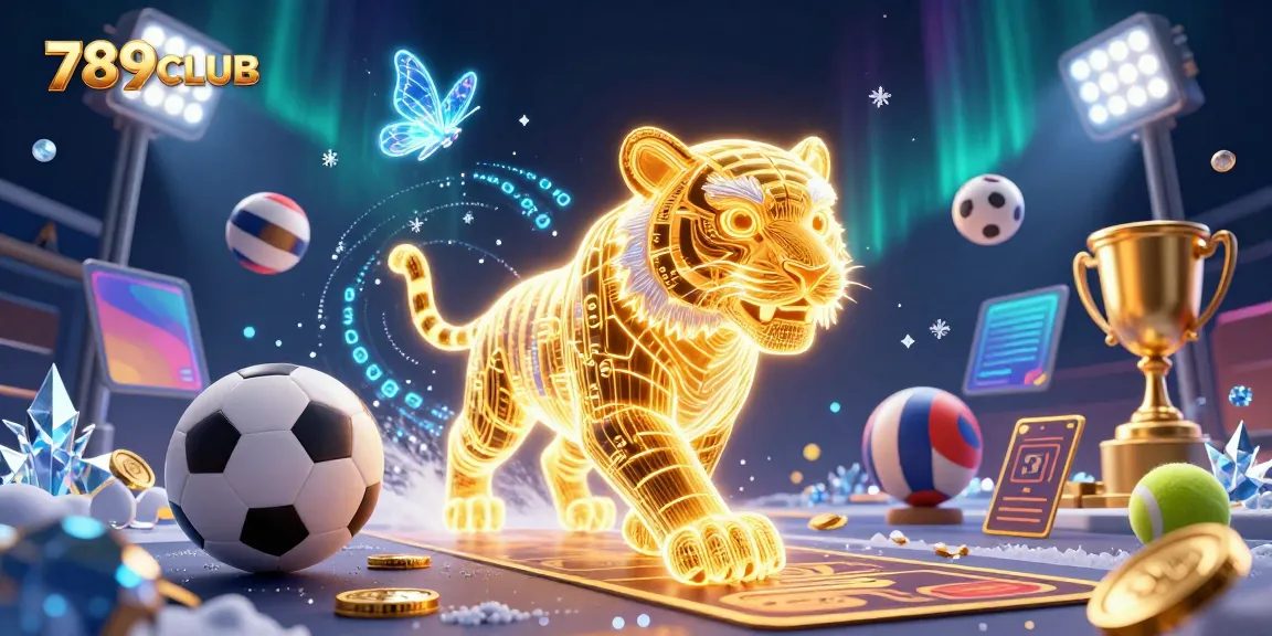 Engage with the vibrant 789CLUB digital casino landscape alongside a neon-wireframe tiger and sports elements.