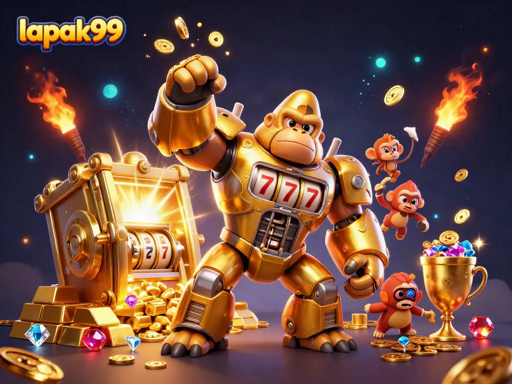 Engage with lapak99's thrilling gameplay featuring a 3D gorilla mech amidst a treasure vault.