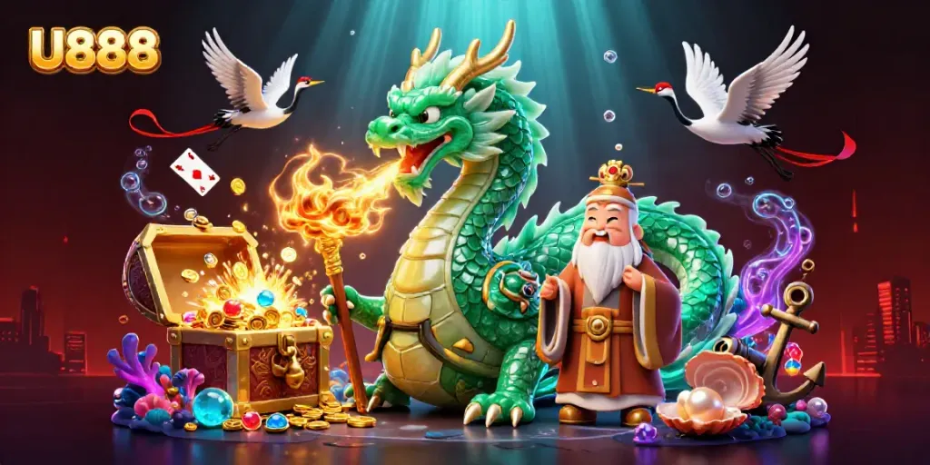 Experience U888 excitement with a vibrant dragon, sage, and cranes amidst underwater treasures.