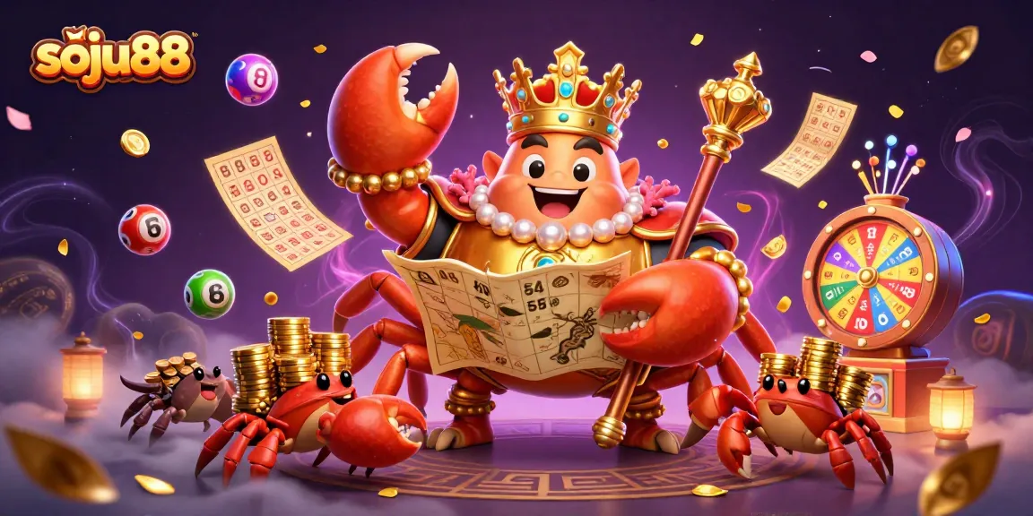 Experience soju88's vibrant gaming world with a golden crab emperor leading in a treasure hunt.
