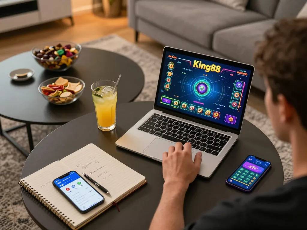 Engaged player enjoying King88 online casino gaming on a laptop in a cozy home environment