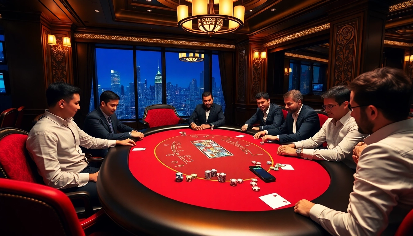 Engaging poker online scene with players at a luxurious casino table.