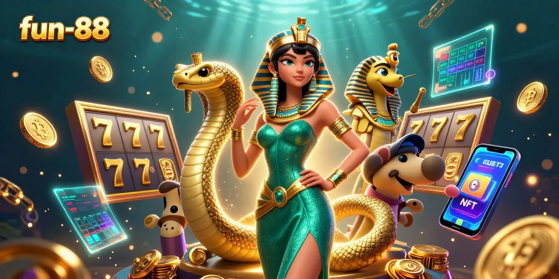 Engage in fun-88's slot games with this dynamic 3D illustration featuring iconic symbols and crypto elements.