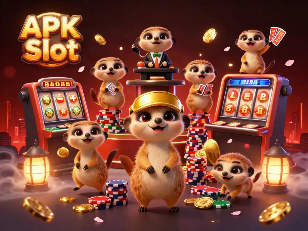 Experience the excitement of APK Slot with a 3D meerkat casino scene filled with colorful reels and jackpots.