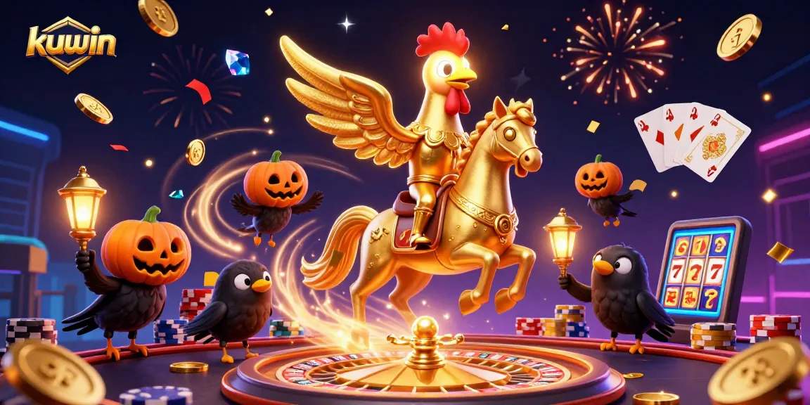 Win big with kuwin! A vibrant 3D casino scene featuring a golden rooster and crow companions amidst sparkling gaming elements.