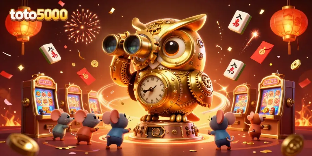 Experience thrilling gameplay at toto5000 with an energetic casino scene featuring a golden owl and charming mice.