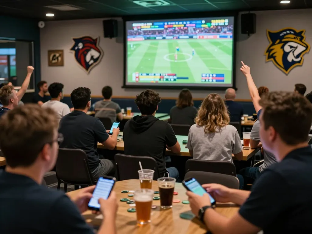 Engaged bettors using fabet app for sports betting during live game, vibrant atmosphere.