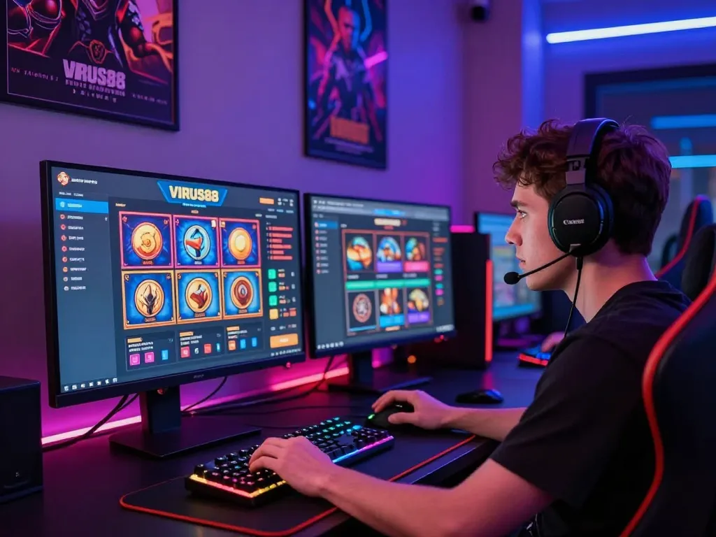 Menariknya adegan permainan online yang menampilkan platform VIRUS88 dengan permainan slot berwarna-warni dan opsi kasino langsung.