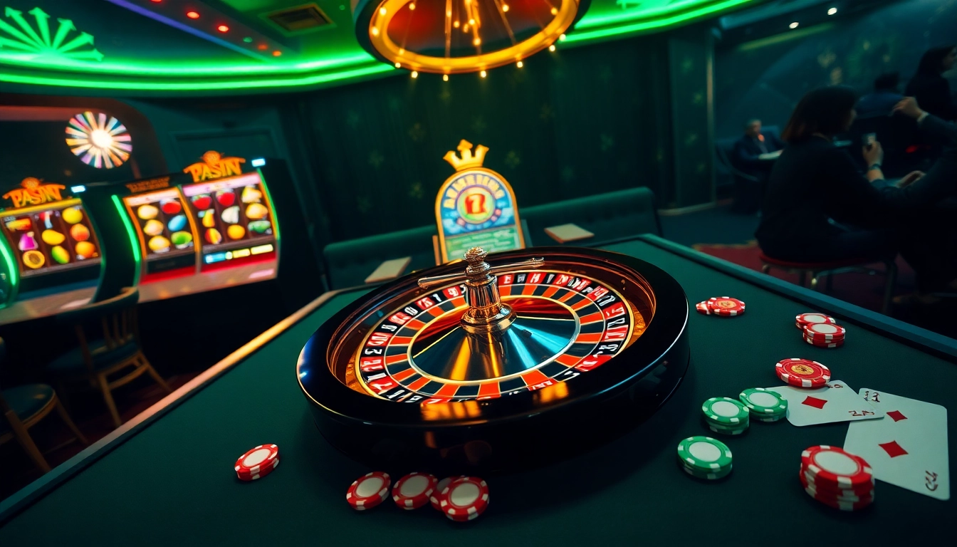Experience the luxury of gambling at 78Win with vibrant tables, cards, and a spinning roulette wheel.