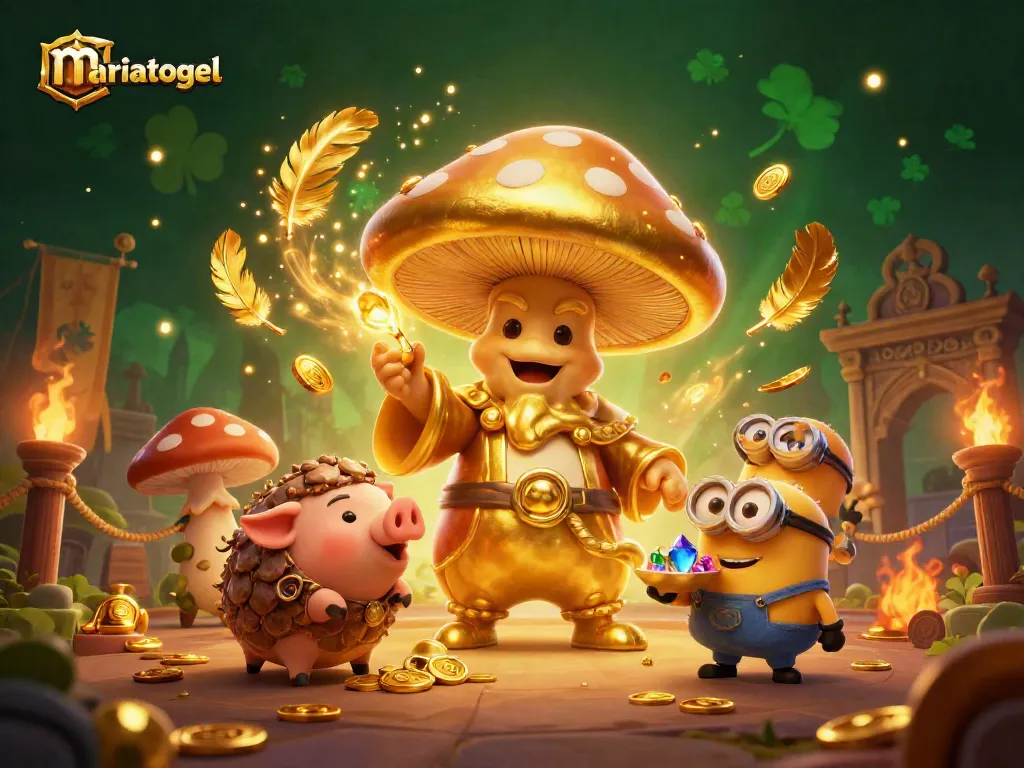 Experience the enchanting world of mariatogel with a golden mushroom wizard and magical treasures.