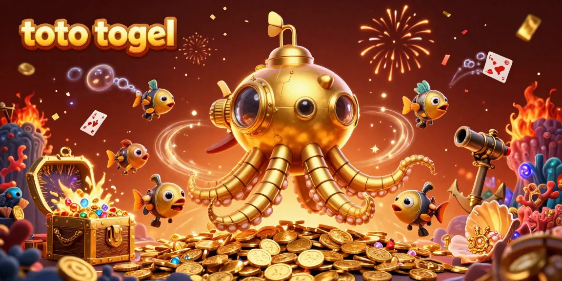 Join the thrilling adventure of toto togel with a golden kraken submarine amidst a treasure-filled sea.