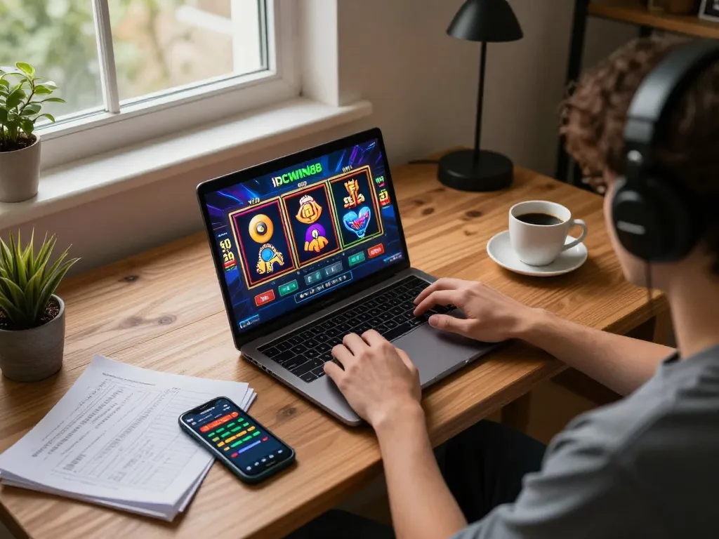 Engaging with IDCWIN88 slot games on a laptop in a cozy home office setting.