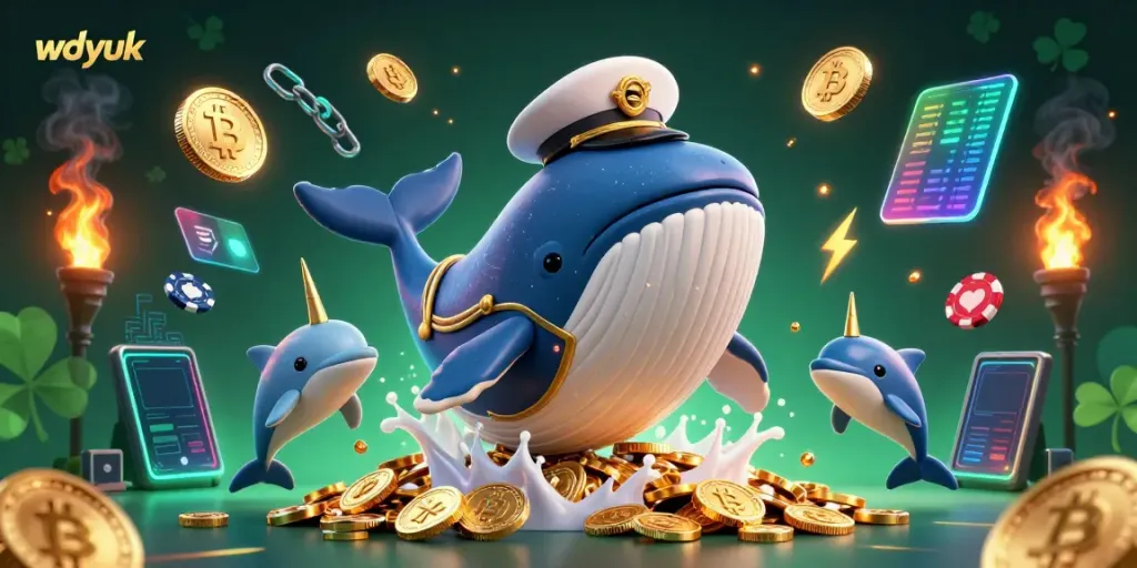 Engage in fun with wdyuk as a whale, narwhal, and dolphins play amidst coins and crypto elements.