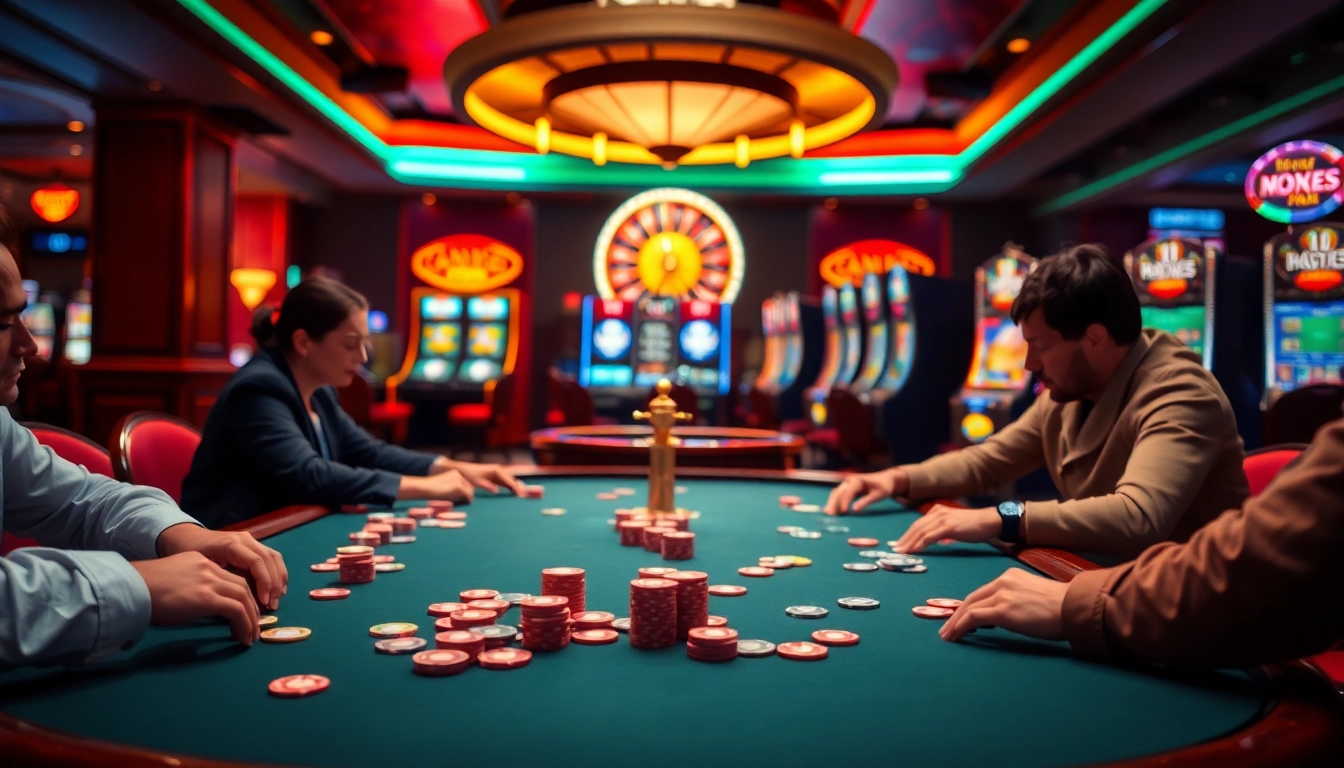 Engage in judi poker online at a lively casino with vibrant poker tables and colorful chips.