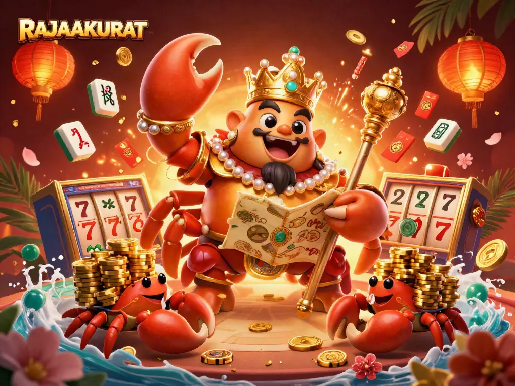 Engage in a thrilling slot game adventure with RAJAAKURAT, featuring a golden crab emperor and vibrant casino elements.
