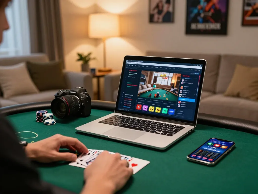 Engaging in strategic online poker gameplay at home using mb66an, showing poker chips and cards.