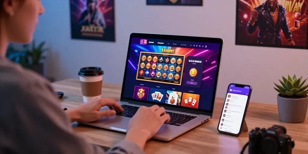 Antarmuka natunatoto yang dinamis, pengguna bermain permainan kasino online di laptop modern.