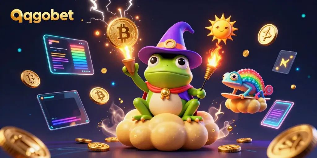 Experience the magic of qqgobet with a weather wizard frog, golden coins, and crypto elements in a dynamic casino scene.