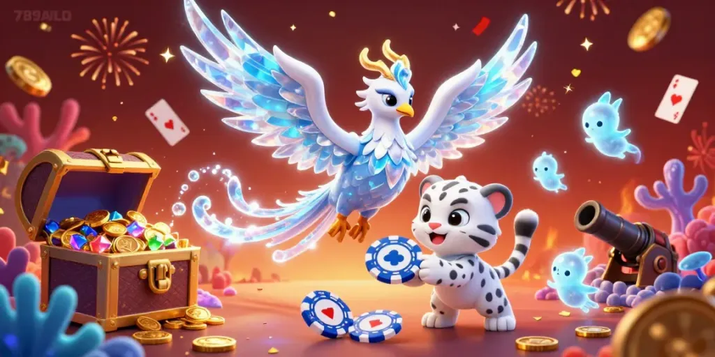 Experience the vibrant dynamics of 789ALO with an ice phoenix and snow leopard in a captivating casino scene.