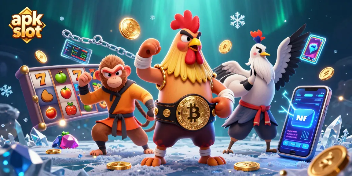 Mainkan apk slot dengan karakter unik dalam ilustrasi 3D yang penuh aksi, menampilkan simbol keberuntungan dan koin kripto.