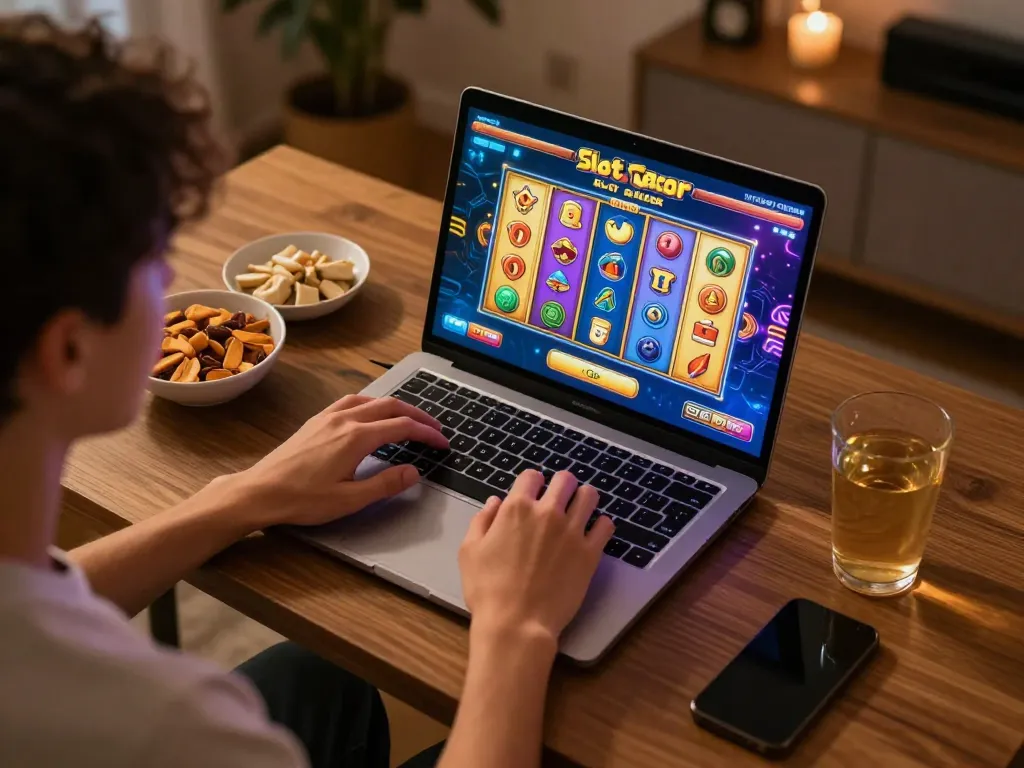 Engaging with Slot Gacor game interface on a laptop during a cozy home gaming session
