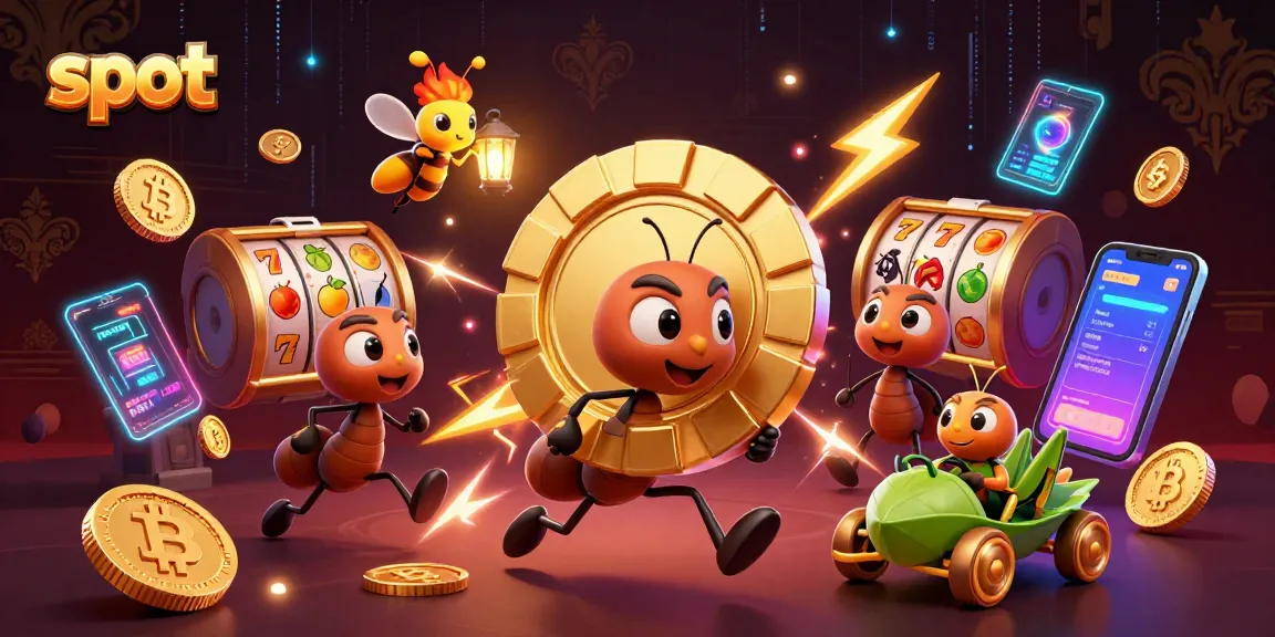 Slot adventure: ants carry a golden poker chip in a vibrant casino tunnel scene.