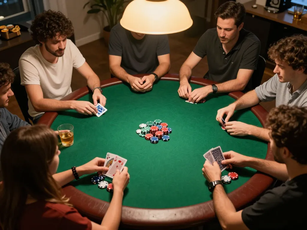 Players participating in a home poker night with mpo500, showcasing an engaging and social gaming atmosphere.
