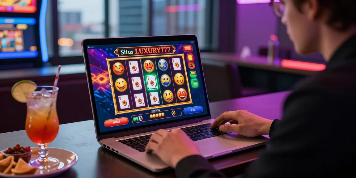 Situs LUXURY777 - Individu menikmati pengalaman judi online dengan gaya mewah di laptop, grafik permainan slot dan kartu virtual menyala.