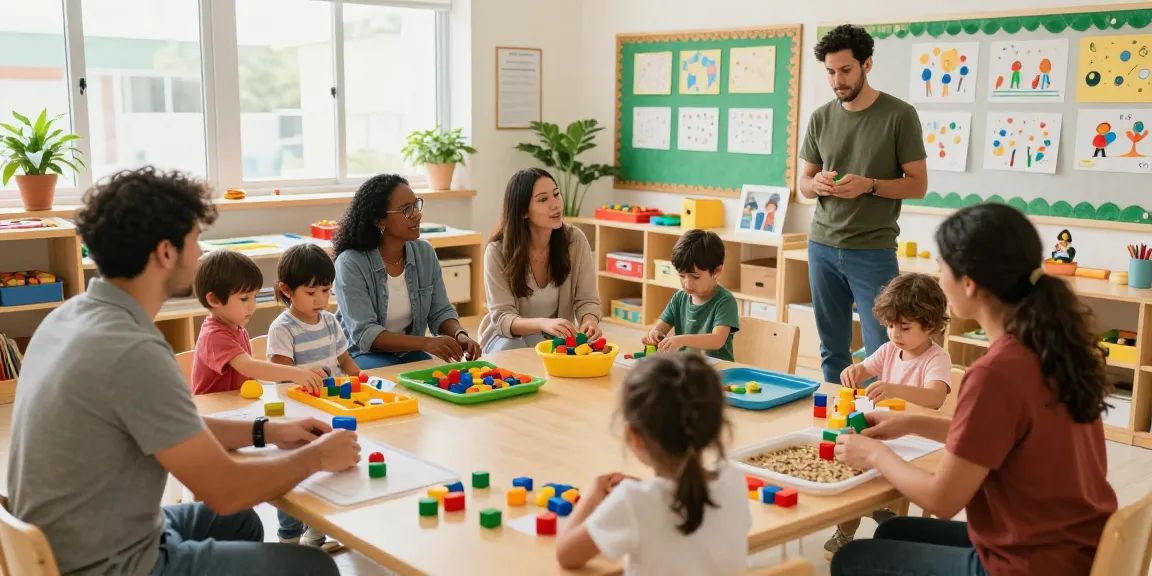 Engaging child development workshop showcasing children at play with link slot activities and educators guiding parents.