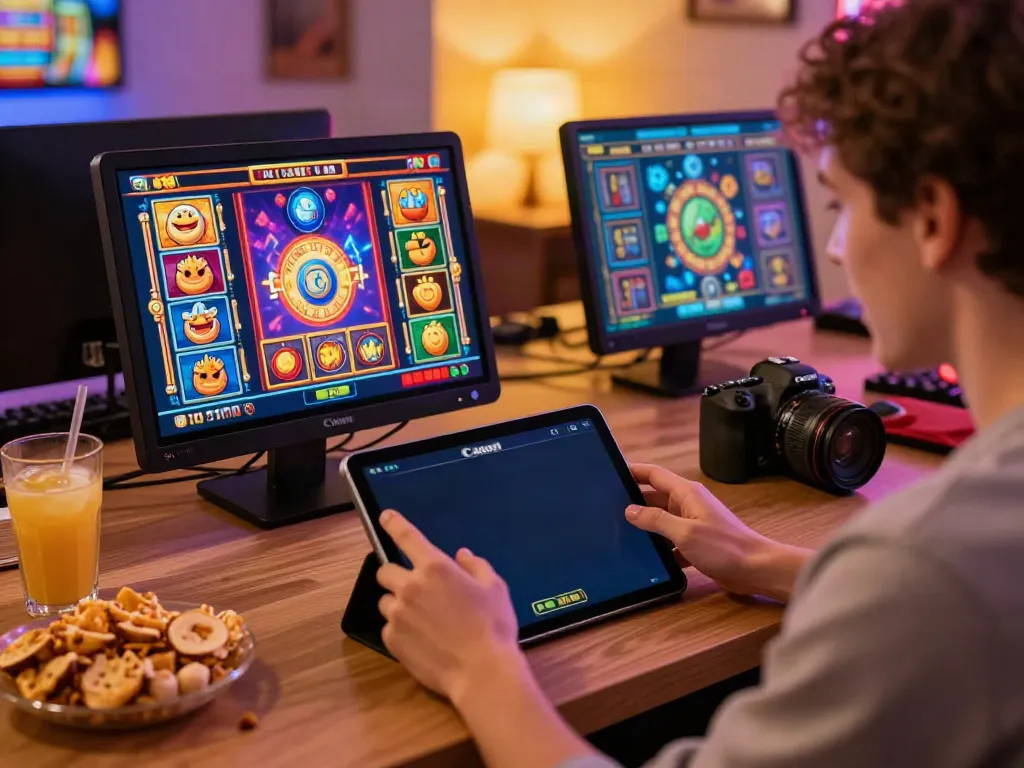 Pengguna bermain slot online di AHHA4D dengan tablet, suasana ceria dan nyaman.