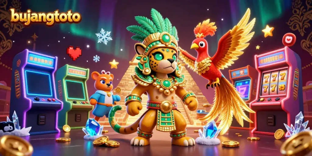 Experience the lively world of bujangtoto with a Mayan jaguar priest and vibrant casino elements.